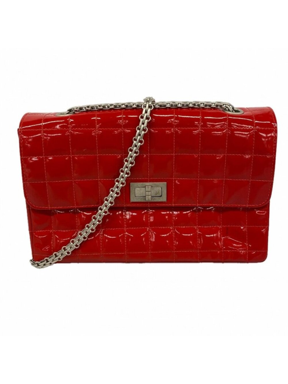 Chanel Shoulder Bag 2.55 Choco Bar Patent Leather Red Silver